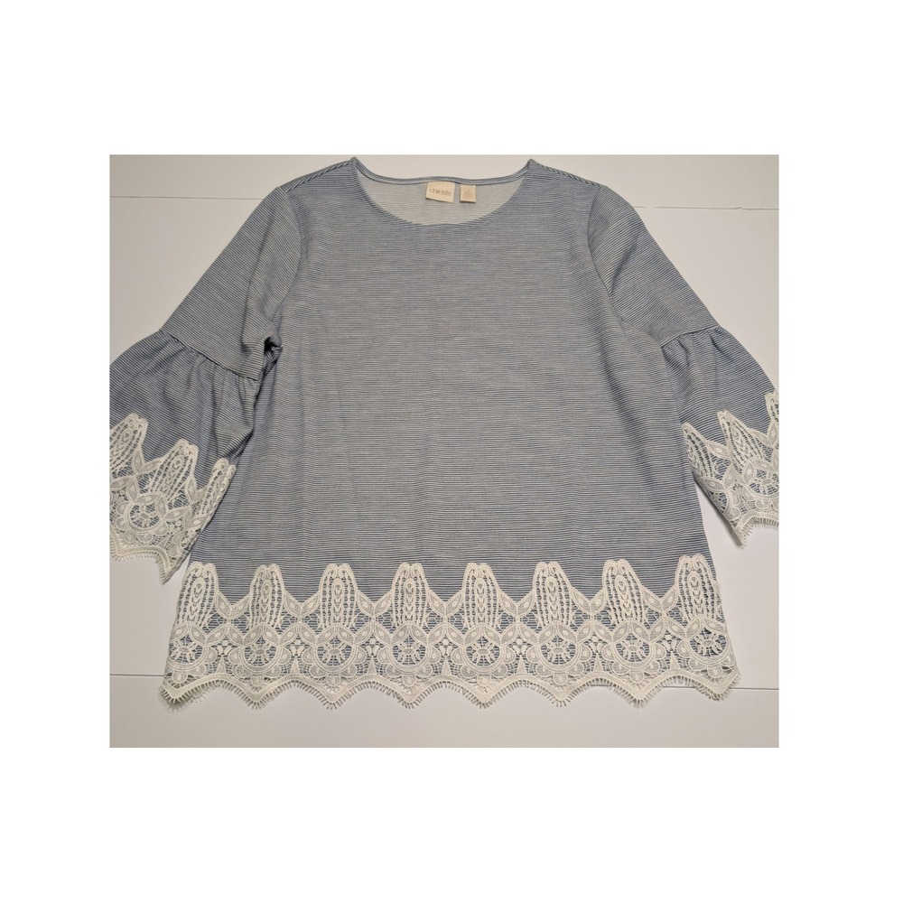 Chicos Womens Blue White Striped Lace‎ Trim Bell Sleeve Blouse Top Size 2 Large